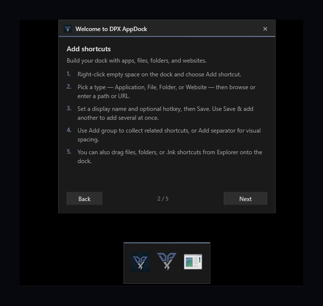DPX AppDock - Add shortcuts